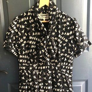 Pink Martini Dress - Medium, Black w/ White Birds, Midi-length, Short sleeves